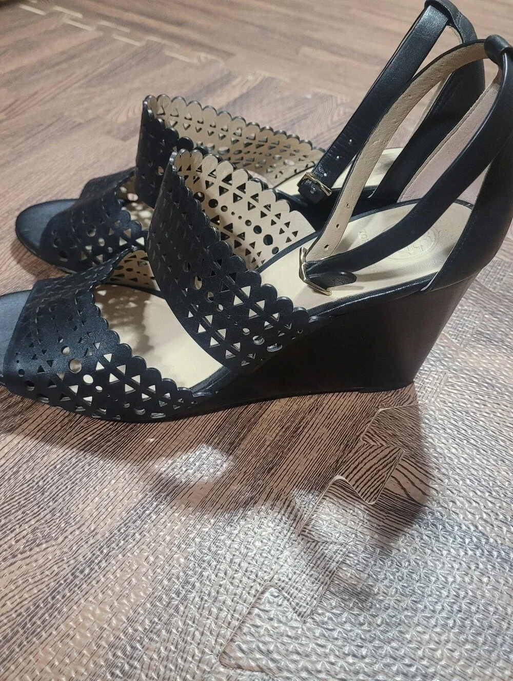 Tory Burch Nutria black perforated laser-cut leather gladiator wedge sandals  9M